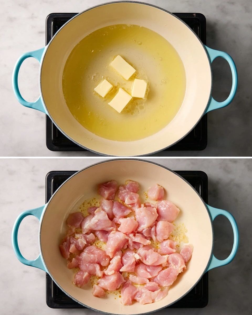 The image shows two layers of a pasta dish inside a light blue cooking pot with handles, placed on a white marbled surface. The top layer features a mix of yellow rigatoni pasta and bright green broccoli florets evenly spread over the pasta. The bottom layer shows the same pasta and broccoli mixed with small pieces of cooked light brown chicken and chopped herbs, topped with a mound of finely grated white cheese in the center. The pot has a creamy off-white interior. Photo taken with an iphone --ar 4:5 --v 7