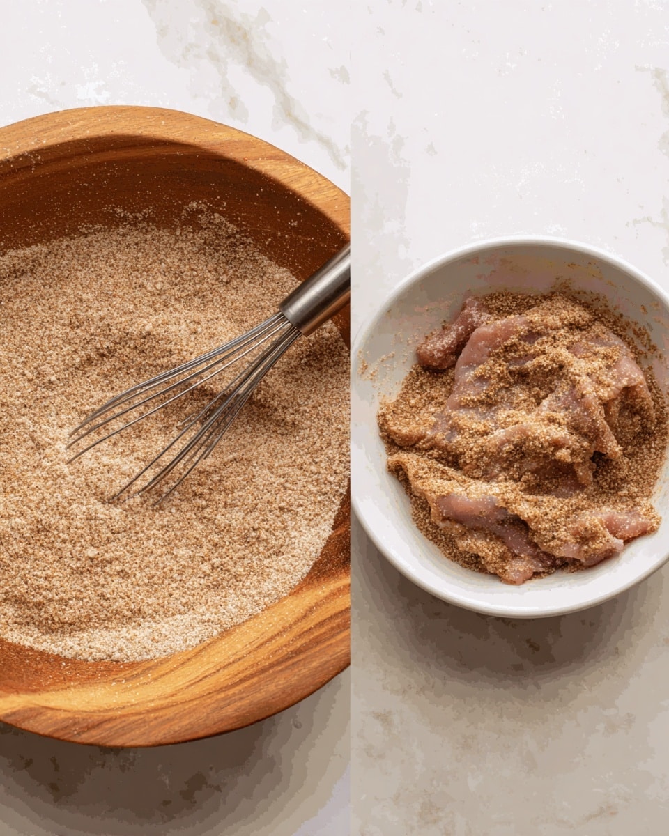 The first image shows a wooden bowl filled with a light brown dry mix that looks grainy with some small white and darker brown bits. A metal whisk rests inside the bowl, partially covered by the dry mixture. The second image shows a white bowl holding several pieces of raw meat covered evenly in the same light brown dry mix from the first image. The meat pieces are arranged in a slightly overlapping way inside the bowl. Both bowls sit on a white marbled surface. Photo taken with an iphone --ar 4:5 --v 7