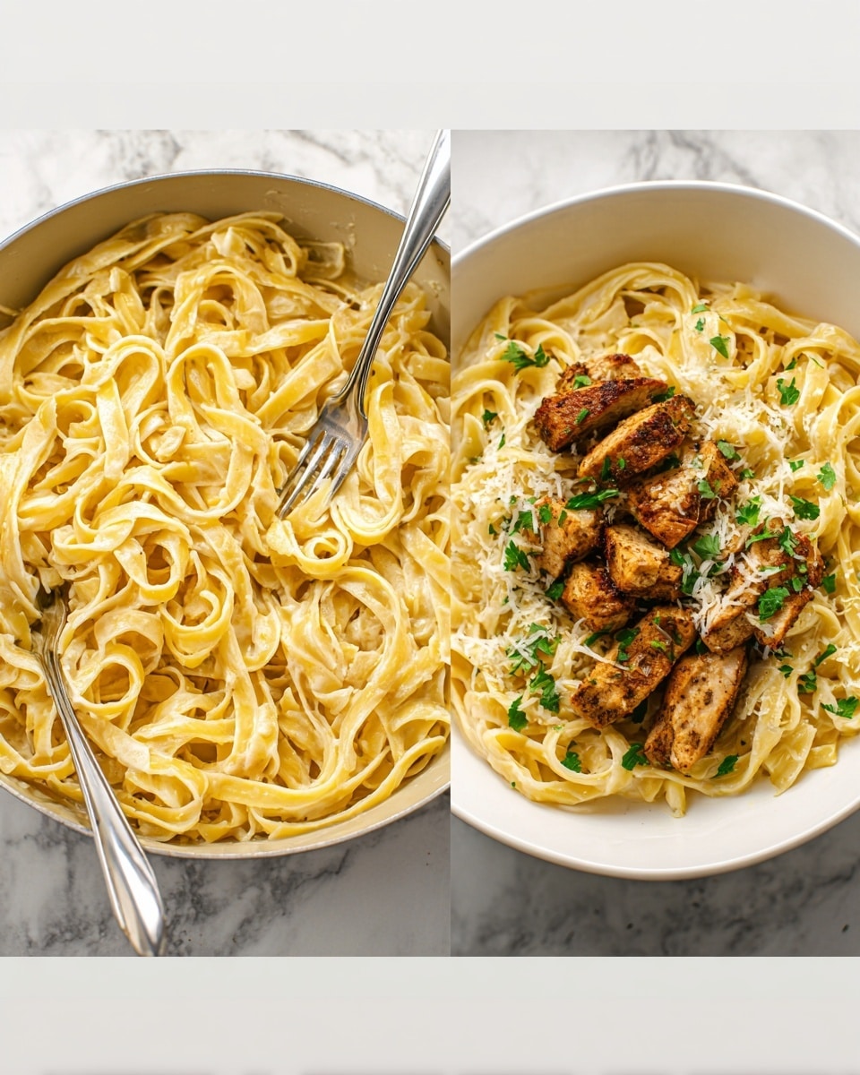 The first image shows a white bowl filled with cooked fettuccine pasta. The pasta is pale yellow and looks soft, tangled loosely in the bowl. The second image features a white bowl with creamy fettuccine pasta arranged in loops, topped with pieces of brown, cooked chicken slices. The chicken is seasoned and slightly crispy, placed in the center on top of the pasta. Sprinkles of green parsley and grated light-colored cheese are scattered over the chicken and pasta. A silver fork rests on the left edge of the bowl. The background is a white marbled surface. photo taken with an iphone --ar 4:5 --v 7