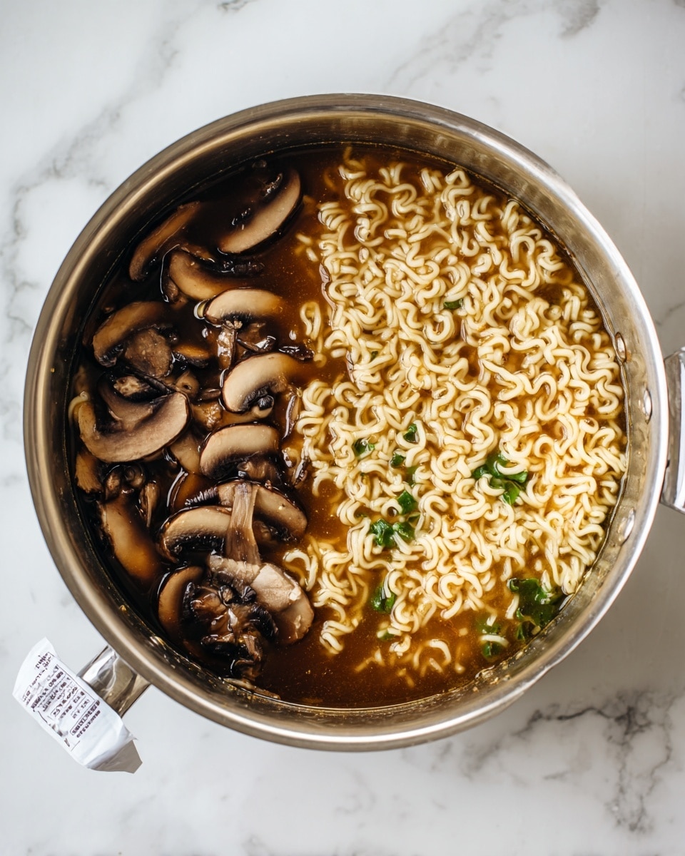 The image shows a silver pot on a white marbled surface filled with a noodle soup. Inside the pot, there are two main layers: on the left, sliced brown mushrooms sitting in dark broth, and on the right, tightly coiled, light yellow noodles floating in a lighter brown broth with small bits of green leafy herbs scattered throughout. There is a white seasoning packet placed on the pot’s edge. The photo taken with an iphone --ar 4:5 --v 7