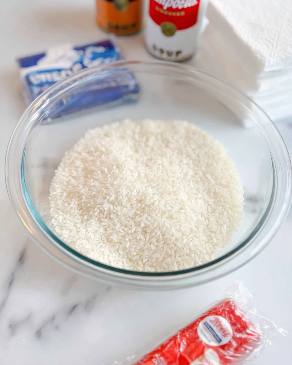 A clear glass bowl sits on a white marbled surface filled with uncooked white rice, the rice grains spread evenly inside the bowl. In the background, there are three items slightly out of focus: a pack of salt with blue and white packaging, a can of Campbell’s soup with red and white colors, and a stack of white paper towels. In the foreground, a wrapped stick of butter with red and white packaging lies on the marbled surface near the bowl. The photo is bright and clear, with soft natural light, photo taken with an iphone --ar 4:5 --v 7