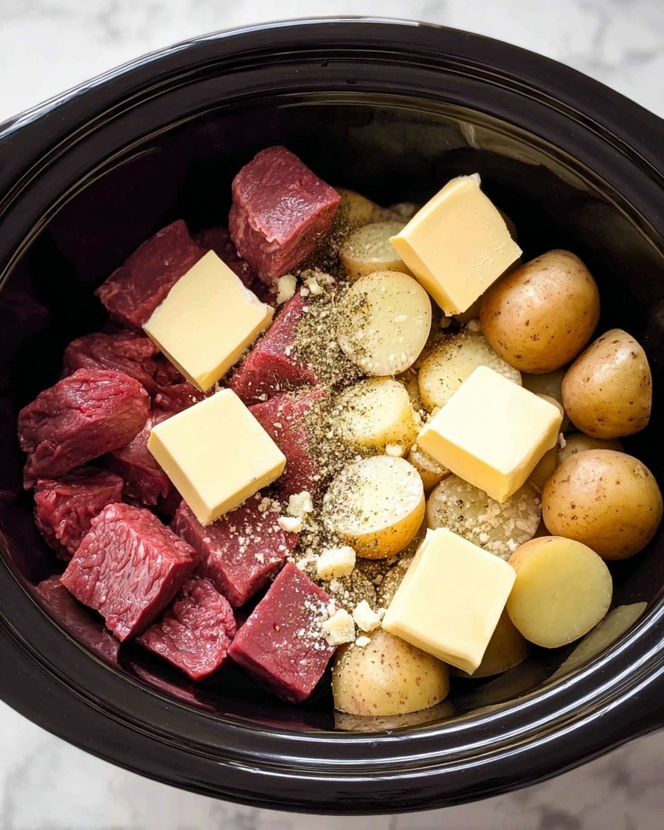 The image shows a close-up of a dish with several pieces of cooked brown meat chunks and golden yellow potato pieces, both coated in a shiny dark brown sauce. Small green parsley bits are scattered on top, adding a touch of color. The dish sits in a round white bowl with a white marbled surface underneath. The texture of the meat looks tender and juicy, and the potatoes have a slightly crispy outside. photo taken with an iphone --ar 4:5 --v 7