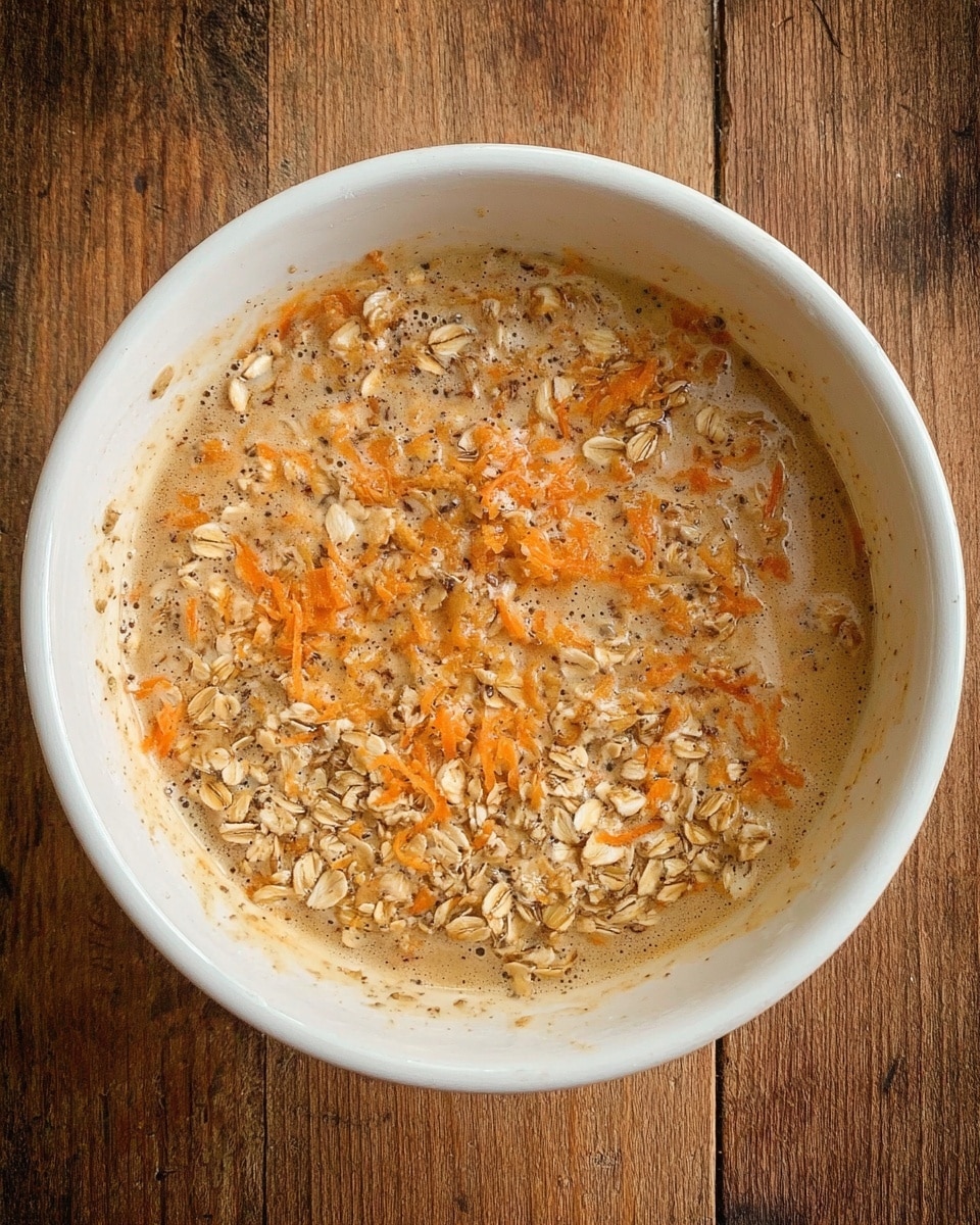 A white bowl filled with a mixture of oats and small orange carrot shreds in a wet, light brown liquid that looks thick and bubbly, evenly spread inside the bowl with some oats sticking to the sides; the bowl is placed on a wooden surface. Photo taken with an iphone --ar 4:5 --v 7