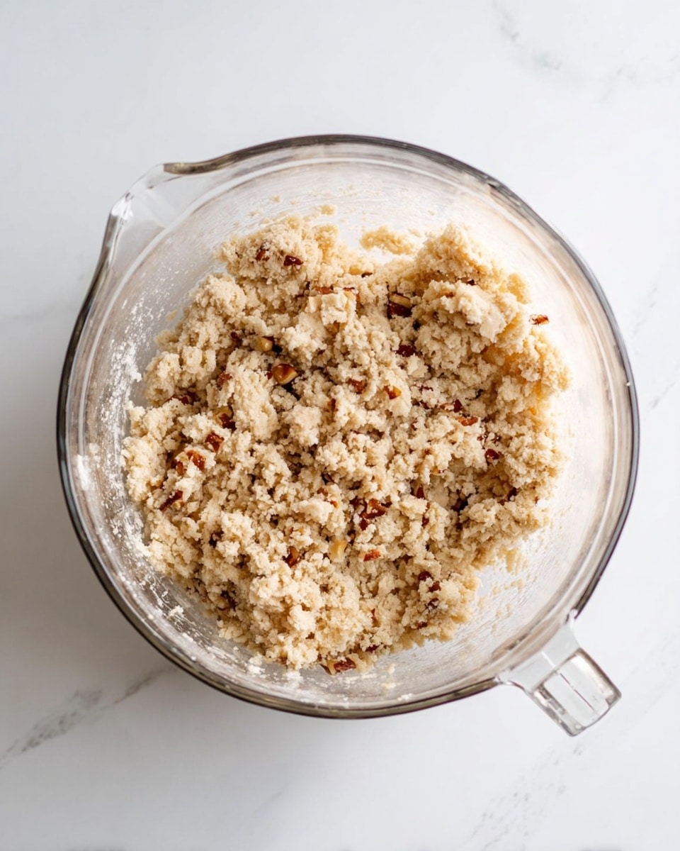 The image shows a clear glass measuring cup filled with chunky dough mixed with brown nut pieces, mostly light beige dough with small darker bits spread evenly throughout. The dough has a crumbly texture and is piled slightly in the center of the cup, with some sticking to the sides. The cup is placed on a white marbled surface with no other objects around, presenting a simple and clean kitchen setting. photo taken with an iphone --ar 4:5 --v 7