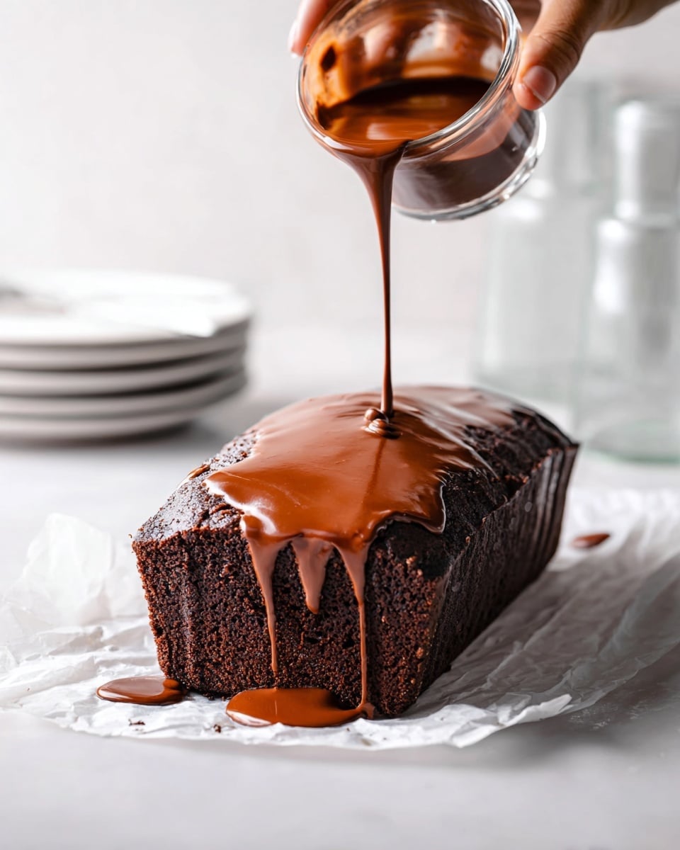 A dark chocolate loaf cake with a rough textured surface rests on white parchment paper on a white marbled surface. A woman’s hand holds a clear glass cup above the cake, pouring a smooth, shiny, medium brown chocolate sauce that flows down the top and sides in thick layers. The sauce drips softly onto the parchment around the base of the cake. The background is softly blurred but mainly white, showing some stacked white plates and clear glass bottles. photo taken with an iphone --ar 4:5 --v 7