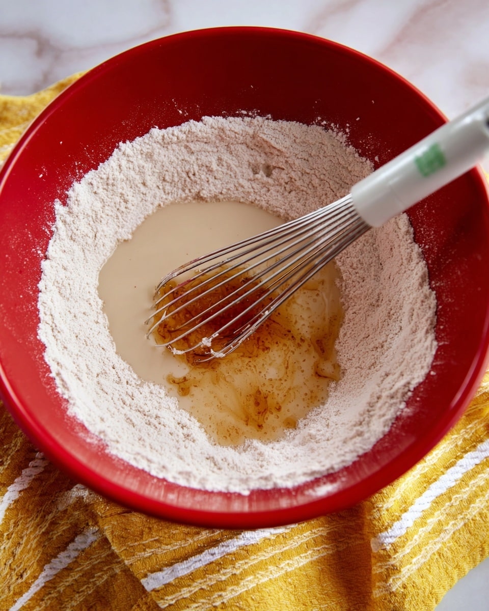 A red bowl filled with baking flour forming an outer ring layer of pale white powdery texture, with a pool of beige liquid and brown vanilla extract in the center. A metal whisk with a white handle rests inside the bowl, touching the liquid layers. A yellow and white striped cloth is partly visible under the bowl on a white marbled surface. photo taken with an iphone --ar 4:5 --v 7