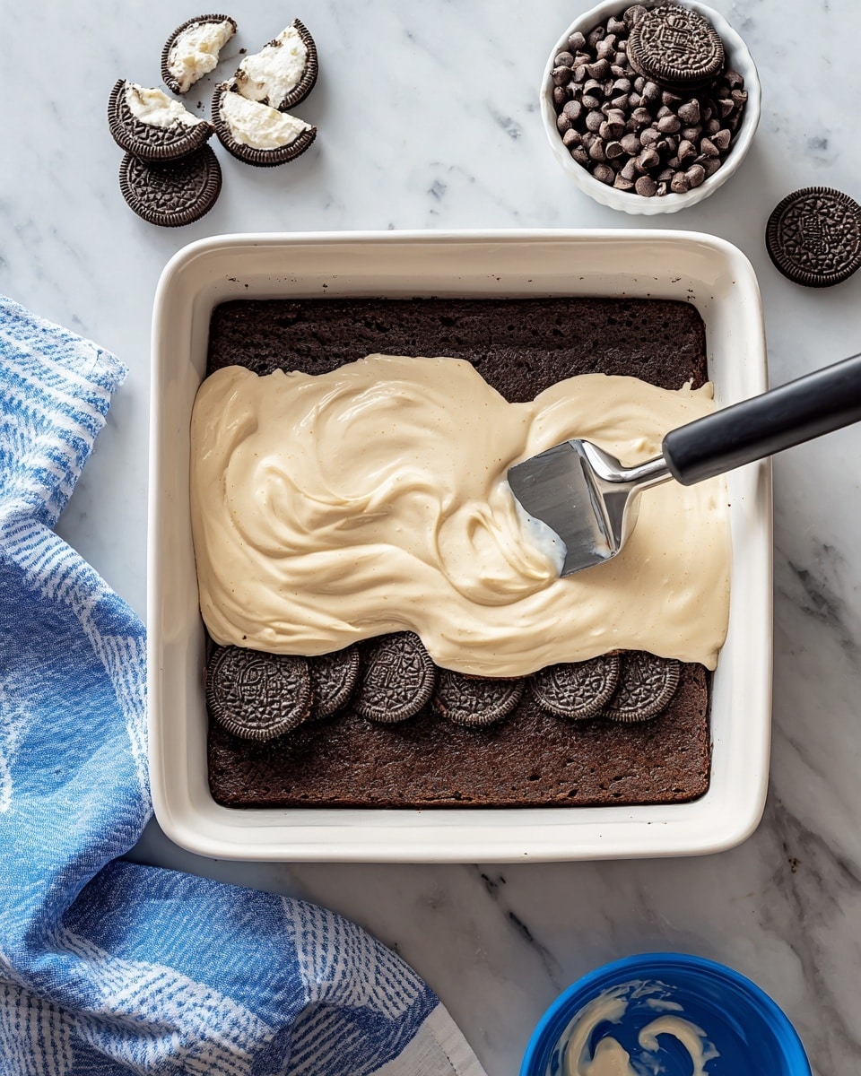 The image shows a square white baking dish with three layers inside: the bottom layer is a dark brown brownie, the middle layer consists of whole Oreo cookies arranged in a single layer, and the top layer is thick, creamy, light beige batter being spread by a black spatula with a metal handle. Around the dish, on a white marbled surface, there is a small white ramekin filled with dark chocolate chips, four Oreo cookies, a blue bowl with some white batter remnants, and a striped blue towel on the left side. Photo taken with an iphone --ar 4:5 --v 7