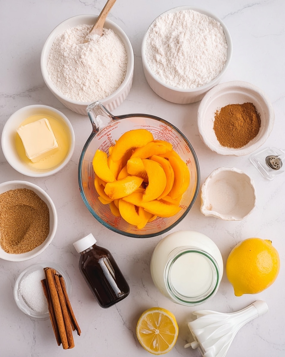 The image shows four photos of a cooking process on a white marbled surface with a colorful striped cloth on the side. In the first photo, a white bowl contains slices of cooked peaches coated in a dark cinnamon sauce with a wooden spoon resting inside. The second photo shows a white bowl with yellow peach pieces surrounded by layers of white flour, light brown sugar, and granulated sugar. In the third photo, a blue bowl contains a smooth, thick creamy batter with a metal whisk inside. The last photo shows a white baking dish filled evenly with a pale peach batter mixture, with small parts of the peach visible under the creamy layer. Photo taken with an iphone --ar 4:5 --v 7