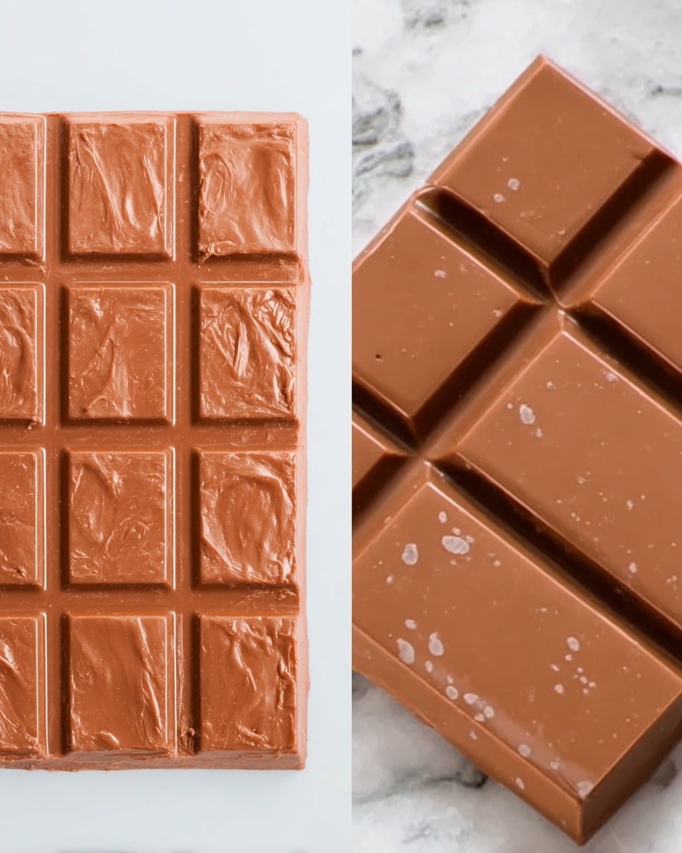 The image shows several squares of milk chocolate arranged close together on a white marbled surface. Each chocolate square has four smaller raised blocks on top, with a smooth, glossy texture and a rich brown color. One chocolate square is broken open to reveal a light green, shredded filling inside, which looks soft and creamy. Small pieces of green pistachio nuts are sprinkled on top of the chocolate and around the squares, adding a touch of texture and color contrast. In the top right corner, the edge of a white bowl filled with green matcha powder is visible. photo taken with an iphone --ar 4:5 --v 7