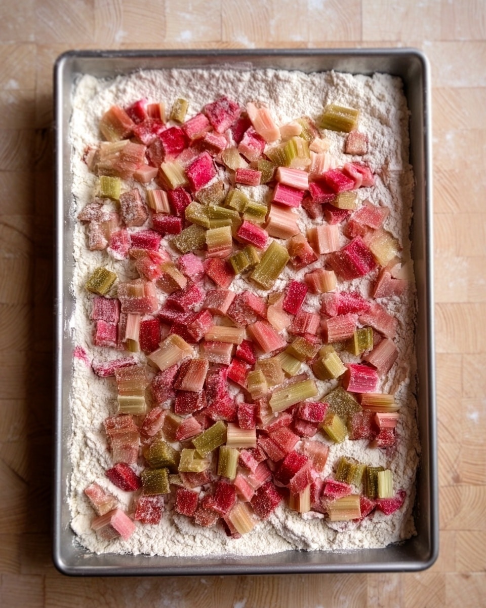 A square metal baking tray holds an unbaked dessert with three visible layers. The bottom layer is a thick, rough pale dough pressed evenly to the edges of the tray. The middle layer is a smooth, yellow custard-like mixture spread over the dough. The top layer consists of small chunks of red and translucent fruit pieces scattered evenly within the custard. The tray sits on a white marbled surface. photo taken with an iphone --ar 4:5 --v 7