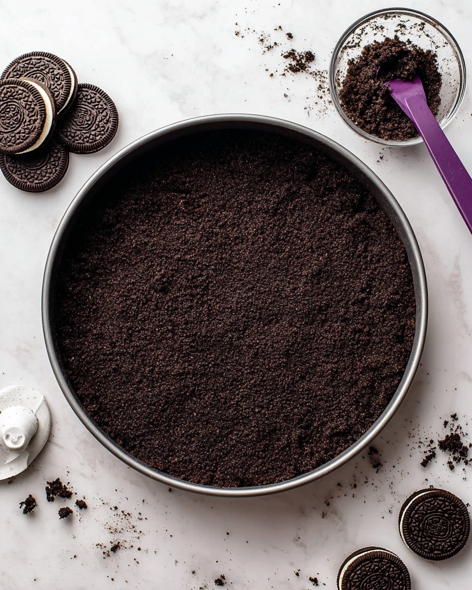 A dark brown crumb crust layer made from crushed cookies fills a round black baking pan, pressed flat and even. Surrounding the pan on a white marbled surface are some whole dark brown sandwich cookies with cream in the middle, a purple spatula resting inside a clear bowl with some cookie crumbs, and a white food processor blade with cookie crumbs stuck to it. The scene has a clean, bright look with slight cookie crumb bits scattered on the surface photo taken with an iphone --ar 4:5 --v 7