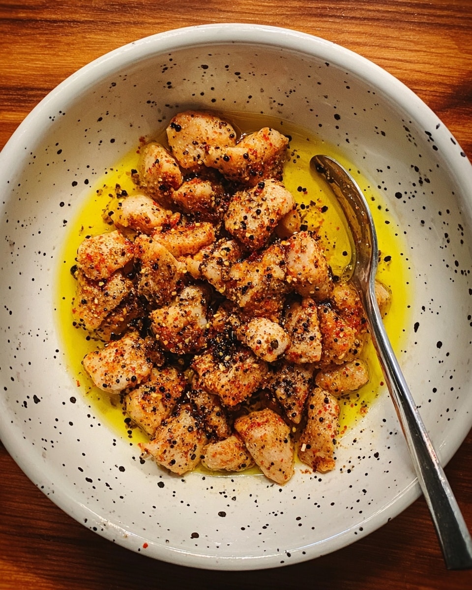 A black pan filled with a creamy white sauce that has small pieces of pale white food evenly spread throughout, with a light sprinkling of black pepper and herbs on top, sitting on a stove with a slightly blurred white marbled texture background, photo taken with an iphone --ar 4:5 --v 7