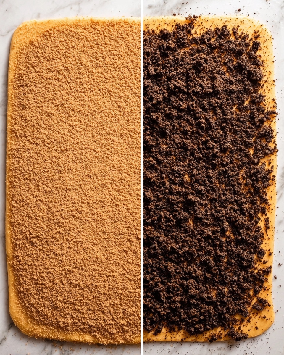 There are nine uncooked cinnamon rolls placed closely together in a clear glass square baking dish. Each roll has a light beige dough base with a dark brown cinnamon and sugar spiral swirl pattern inside. The rolls have a soft and puffy texture and vary slightly in size and shape but are generally round. On the right side image, the dish is covered with clear plastic wrap that slightly fogs the view of the rolls. The background is a white marbled surface. photo taken with an iphone --ar 4:5 --v 7