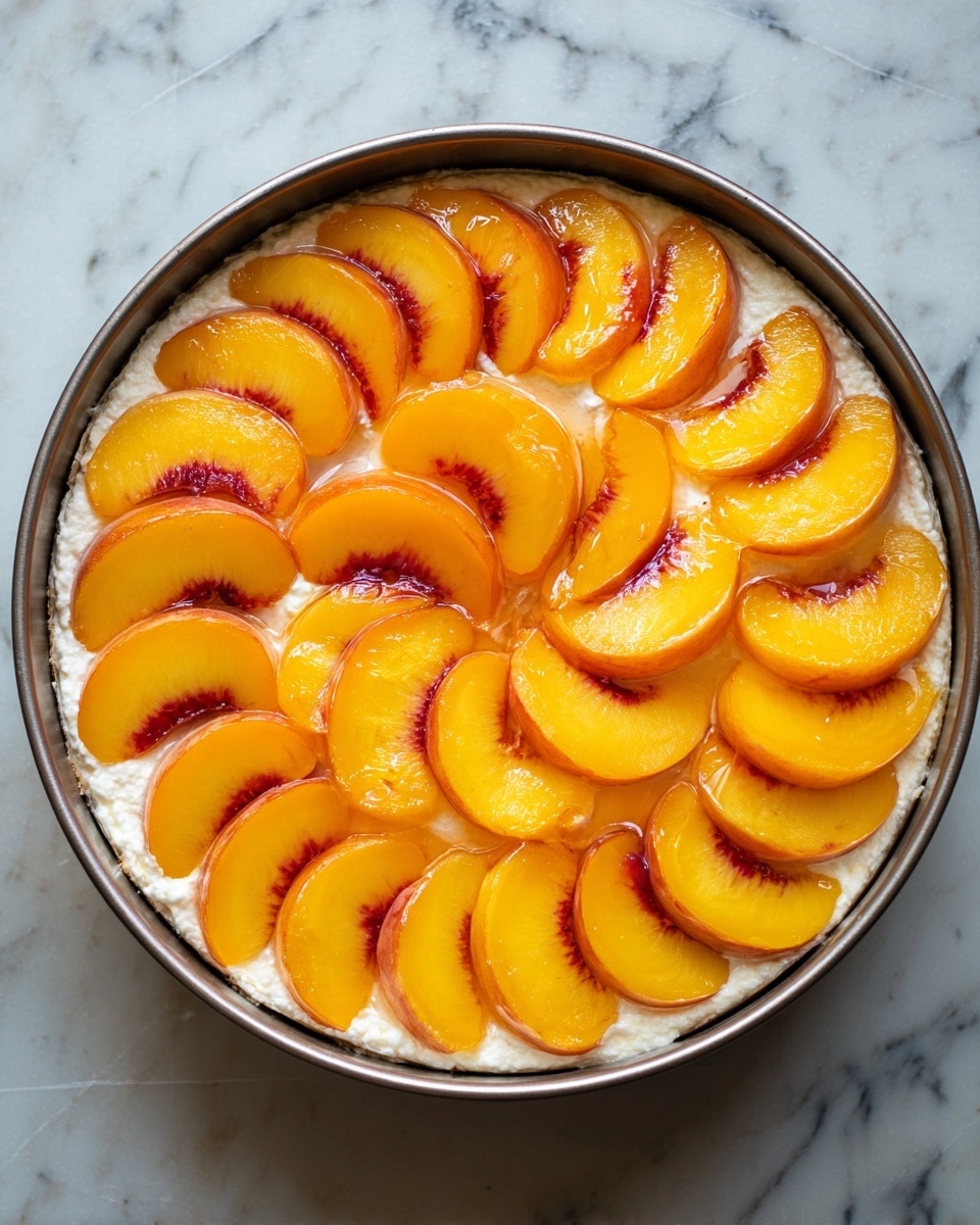 A round pie with a thick, golden crumb crust fills a clear glass pie dish, sitting on a white marbled surface covered partially by a white cloth with light brown stripes. The pie has a rough textured top crust with chunks of bright yellow peach slices partially embedded, showing juicy, soft peach filling underneath. One large slice is taken out, revealing the light yellow, syrupy filling and crumbly crust edges. In the background, there are stacked white plates with a black fork and two ripe peaches on the wooden table. Photo taken with an iphone --ar 4:5 --v 7