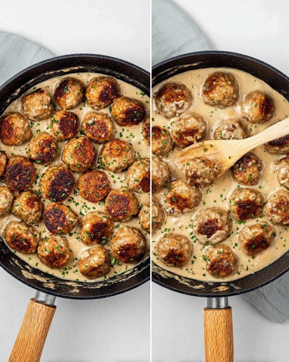 The image shows a close-up of several golden-brown cooked meatballs with a slightly crispy texture on top, nestled in a creamy, light beige sauce with visible specks of herbs and spices. Interspersed around the meatballs are sliced brown mushrooms covered in the sauce, adding a smooth and soft texture contrast. Bright green chopped parsley is sprinkled evenly on top, giving a fresh and vibrant color accent to the dish. The entire composition sits on a white marbled surface. Photo taken with an iphone --ar 4:5 --v 7