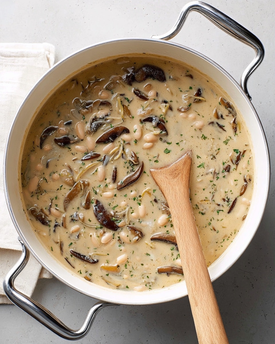 A high top-down view of a large white pot filled with thick creamy soup featuring visible slices of dark brown mushrooms, small white beans, and thin, light brown onion strips mixed throughout. The soup has a pale beige color with specks of green herbs evenly spread, creating a textured look. A wooden spoon with a long handle is resting inside the pot, partially submerged in the soup, showing its glossy surface. The pot is placed on a white marbled surface and has shiny silver handles on each side. Photo taken with an iphone --ar 4:5 --v 7