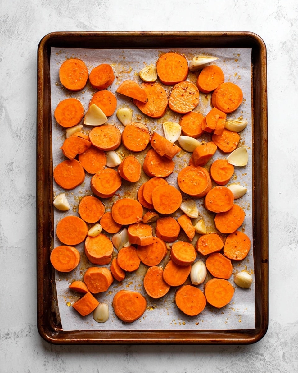 A baking tray lined with white parchment paper holds a single layer of round orange sweet potato slices of different sizes scattered evenly across the surface. Mixed throughout are uneven chunks of light tan garlic cloves with shiny, slightly translucent skin. The tray is on a white marbled surface, and the vegetables have a light coating of oil that gives them a slight shine. photo taken with an iphone --ar 4:5 --v 7