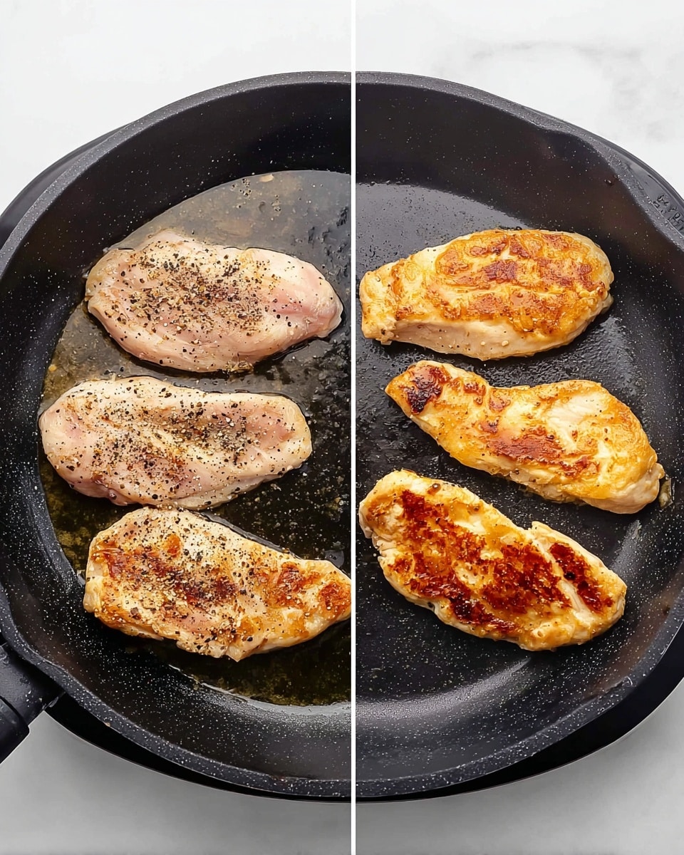 A black pan holds four light golden cooked chicken pieces partially covered in a creamy light yellow sauce with visible green herbs. Scattered around the chicken are bright red cherry tomatoes with smooth skins, sitting in the sauce. The sauce has a slightly thick texture and green herb flecks are spread evenly throughout. The chicken pieces have a speckled brown seasoning on top and tender texture, while the pan rests on a white marbled surface. photo taken with an iphone --ar 4:5 --v 7