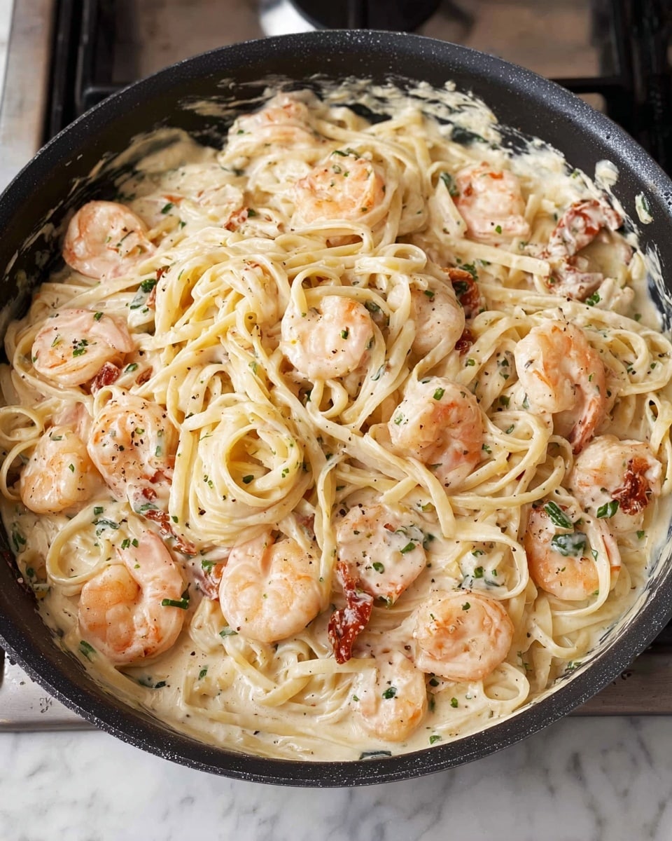 A black bowl filled with creamy yellow pasta sauce and long, thick spaghetti noodles tangled at the bottom. On top, there are about a dozen grilled shrimp with a light orange color, slightly charred with black pepper and herbs scattered around. Small bits of red chili and chopped green parsley are sprinkled over the sauce and shrimp. The sauce has a smooth texture and covers the noodles evenly. photo taken with an iphone --ar 4:5 --v 7