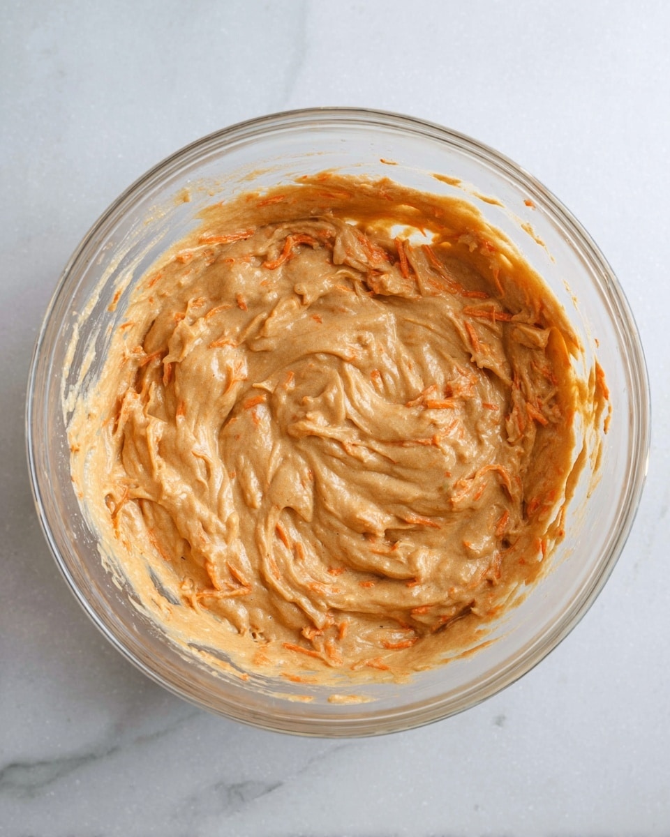 A clear glass bowl sits on a white marbled surface, filled with a thick carrot batter. The batter has a light brown color with visible orange shreds of carrot mixed evenly throughout, creating a textured look. The top of the batter is slightly swirled, showing smooth and creamy consistency with small peaks and folds. Photo taken with an iphone --ar 4:5 --v 7
