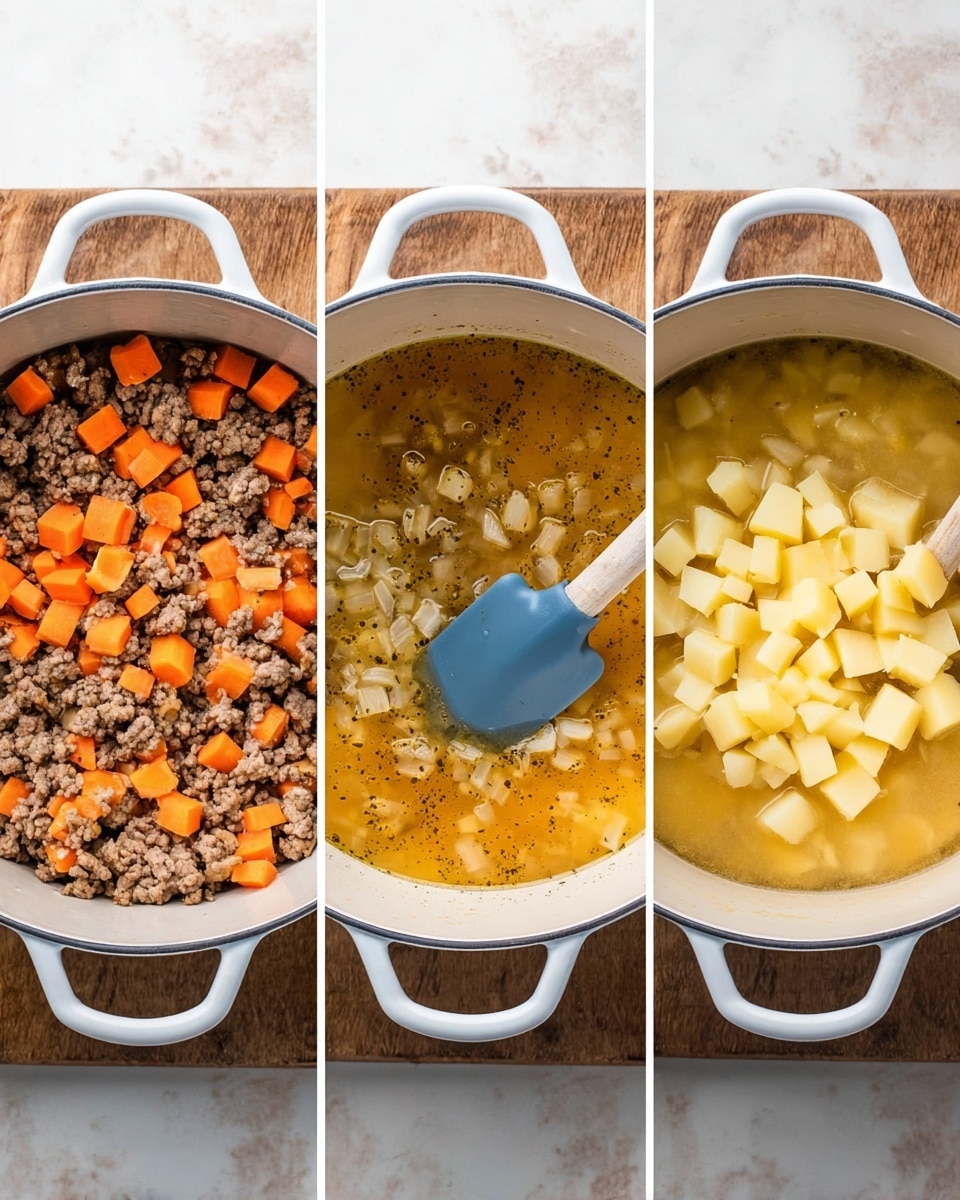 The image shows three white pots side by side on a white marbled surface, each with different cooking stages inside. The first pot has cooked ground meat mixed with small bright orange carrot pieces and light beige onions, all with a slightly crumbly texture and a blue spatula resting inside. The second pot contains the same meat and carrots but now covered in a yellowish broth with a bit of shine, and the blue spatula remains inside. The third pot is filled with a thick, light yellowish soup base with chunks of light potato and bright yellow cheese cubes on top, ready to be stirred. Photo taken with an iphone --ar 4:5 --v 7