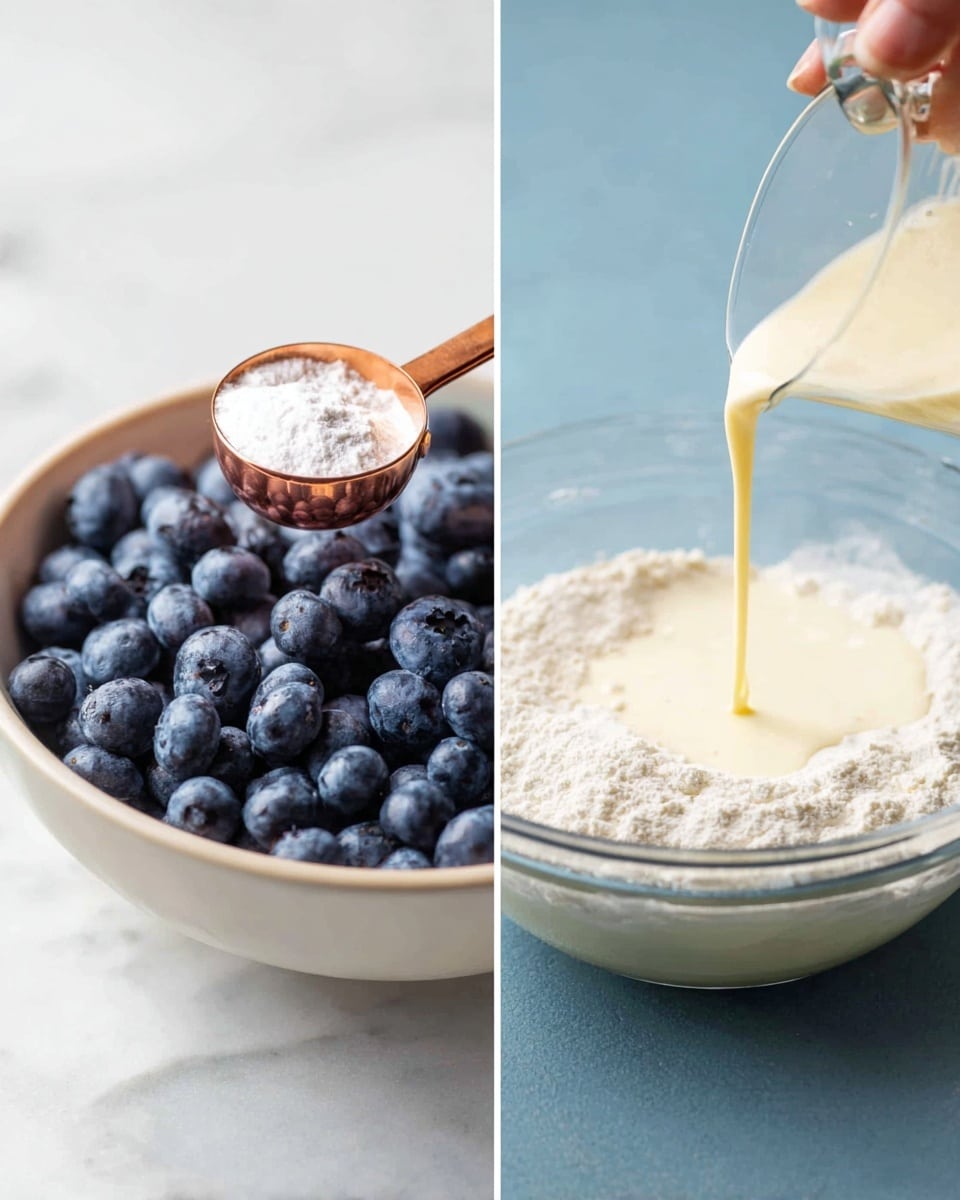 The image is split in two parts: on the left side, a white marbled surface holds a white bowl filled with fresh blueberries, dark blue with a smooth texture, while a woman's hand sprinkles white powder over them using a copper-colored measuring spoon; on the right side, a clear glass bowl shows a white powder base with a creamy light yellow liquid being poured into its center from a glass container above. Photo taken with an iphone --ar 4:5 --v 7