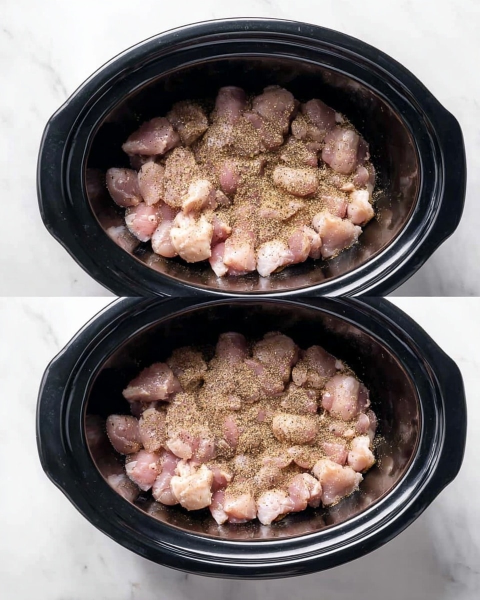 The images show a black slow cooker filled with different cooking stages. In the first stage, there is a top layer of dark red sauce mixed with creamy white liquid underneath. In the second stage, the dark red sauce is spread out and chunks of white meat are added mixed with the sauce on top of the white liquid. In the last stage, a thick layer of yellow rice is added on top of the cooked meat and creamy white sauce, with a white spatula resting on the right side inside the cooker. The background is a white marble surface photo taken with an iphone --ar 4:5 --v 7