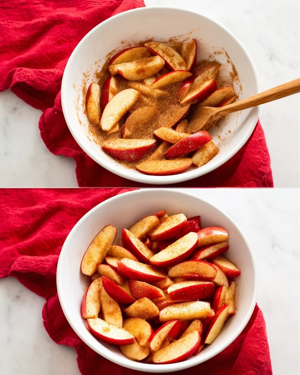 The image shows two side-by-side photos of thinly sliced red apple wedges in a white bowl. In the left photo, the apple slices are mixed with a coating of brown cinnamon sugar, with a wooden spoon inside the bowl, and the bowl sits on a bright red cloth on a white marbled surface. The right photo shows the coated apple slices evenly spread in the same white bowl, with the red cloth still underneath on the white marbled surface. The apple slices have a shiny texture with cinnamon specks on them. Photo taken with an iphone --ar 4:5 --v 7