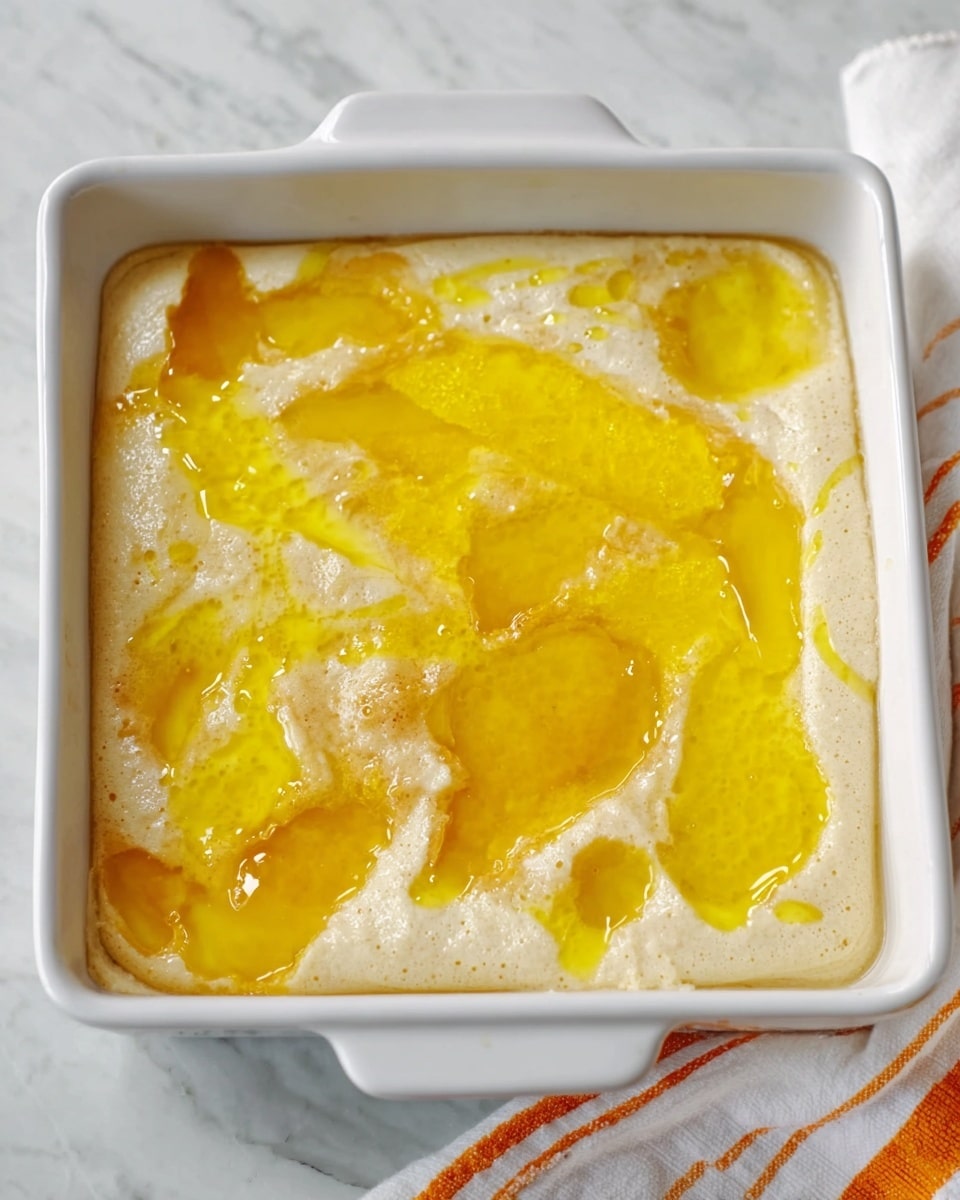 A white plate holds a slice of dessert with two main layers: a thick yellow, shiny layer of lemon filling on the bottom, topped with a golden-brown crust layer that looks slightly crumbly and baked. Around the right edge of the dessert, there is a line of white whipped cream with a smooth texture, and on top of the cream lie two thin lemon slices showing the rind and juicy inside. A silver fork rests beside the slice on the plate, and a yellow checkered cloth is under the plate on a white marbled surface. Photo taken with an iphone --ar 4:5 --v 7