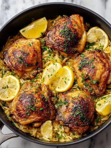 One Pan Lemon Garlic Chicken Thighs with Orzo Recipe