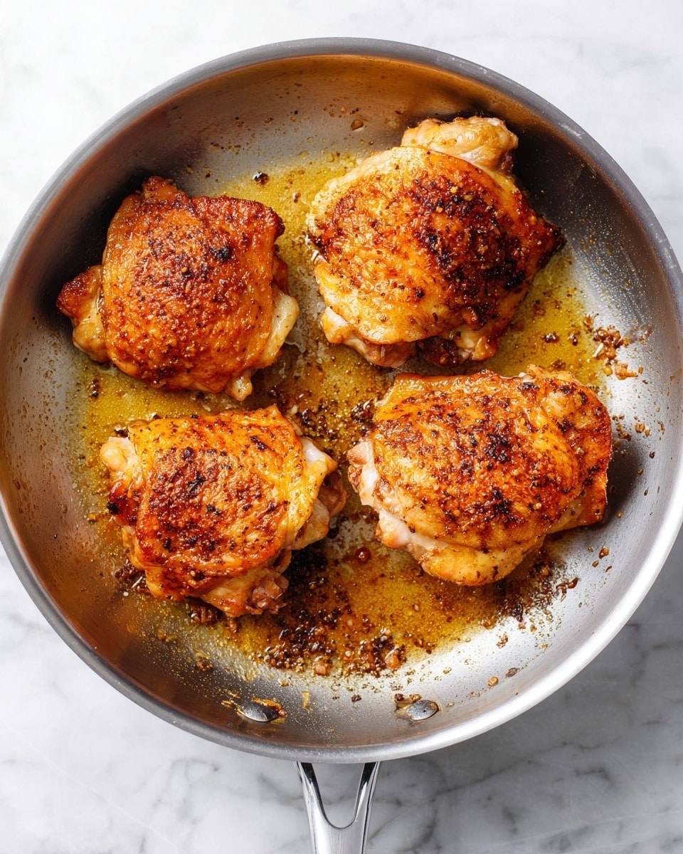 A black round pan holds four roasted golden-brown chicken thighs with crispy skin, each sprinkled with chopped green herbs. Under the chicken thighs, there is a layer of light yellow orzo pasta mixed with green herbs. Scattered on top and around the chicken are several bright yellow lemon slices, some whole and some halved. The background is a white marbled surface. The photo is taken with an iphone --ar 4:5 --v 7