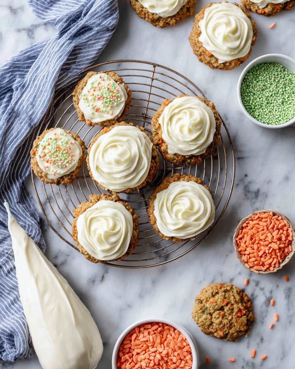 Three round cookies with a rough brown color mixed with small orange bits sit on a wooden board. Each cookie has one thick, smooth layer of white frosting swirled on top. Small pieces of chopped nuts in brown and white colors are scattered over the frosting and around the board. The background is a white marbled surface. photo taken with an iphone --ar 4:5 --v 7