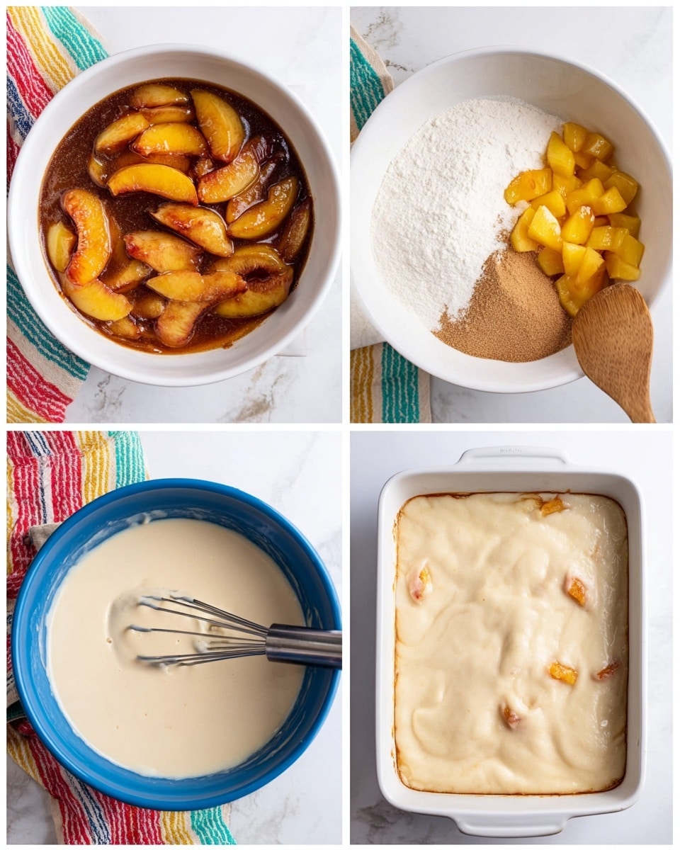 The image shows a baked peach cobbler in a white rectangular dish. The dish has a thick, golden-brown crust with a rough texture that sits on the edges and is topped with irregular, slightly browned dough pieces arranged over the fruit. Below the crust, vibrant orange peaches with some reddish skin patches are visible, covered lightly with glistening juices. There is a light dusting of white powdered sugar spread unevenly over the crust. The dish sits on a dark textured surface with a small part of a brown paper package and a yellow-capped jar in the background. Photo taken with an iphone --ar 4:5 --v 7