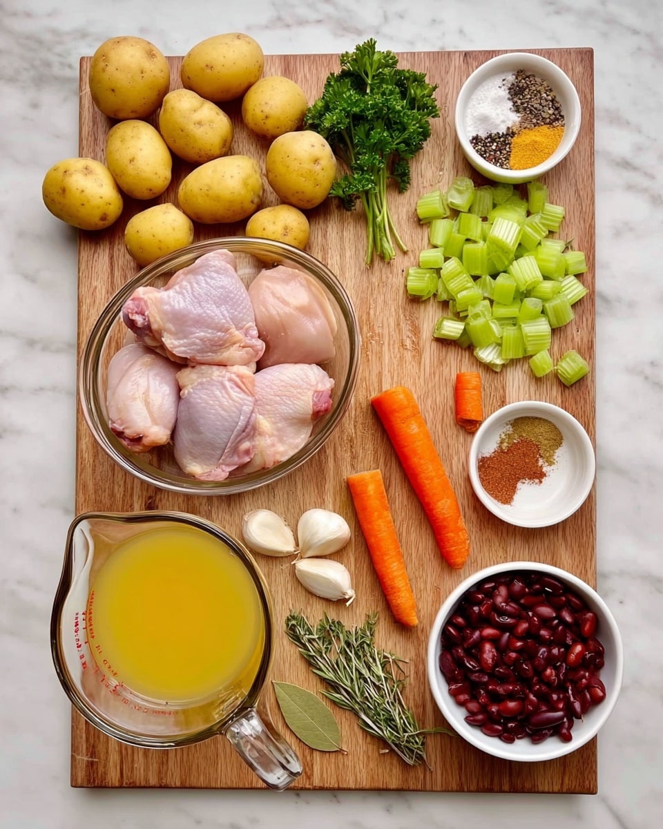 A wooden cutting board on a white marbled surface holds a collection of fresh ingredients. In the top left are six yellow potatoes with a small bunch of green parsley below them. To the right, a small white bowl contains a mix of black pepper, salt, and a brown spice. Above the bowl, chopped green celery sticks are spread out. Next to the celery is a clear glass bowl with raw chicken thighs, pink in color and slightly shiny. Three whole orange carrots are placed near the center right. Scattered near the carrots are four garlic cloves. At the bottom left, there is a clear measuring cup filled with a yellow broth. Next to it, in the center bottom, lay a bay leaf, a sprig of thyme, and a sprig of rosemary. A small glass container of golden olive oil and a tiny bowl of brown mustard sit near the carrots. At the bottom right, a white bowl holds small dark red kidney beans. photo taken with an iphone --ar 4:5 --v 7