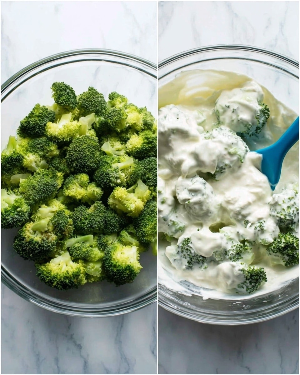 The image shows two parts: on the left, there is a white plate filled with many fresh green broccoli florets, covering the whole plate with a bright and fresh texture. On the right, there is a clear glass bowl also filled with green broccoli florets, with white creamy sauce being poured over the top from a metal container, the sauce flowing smoothly over the broccoli. The background and surface have a white marbled texture that is clean and bright. photo taken with an iphone --ar 4:5 --v 7