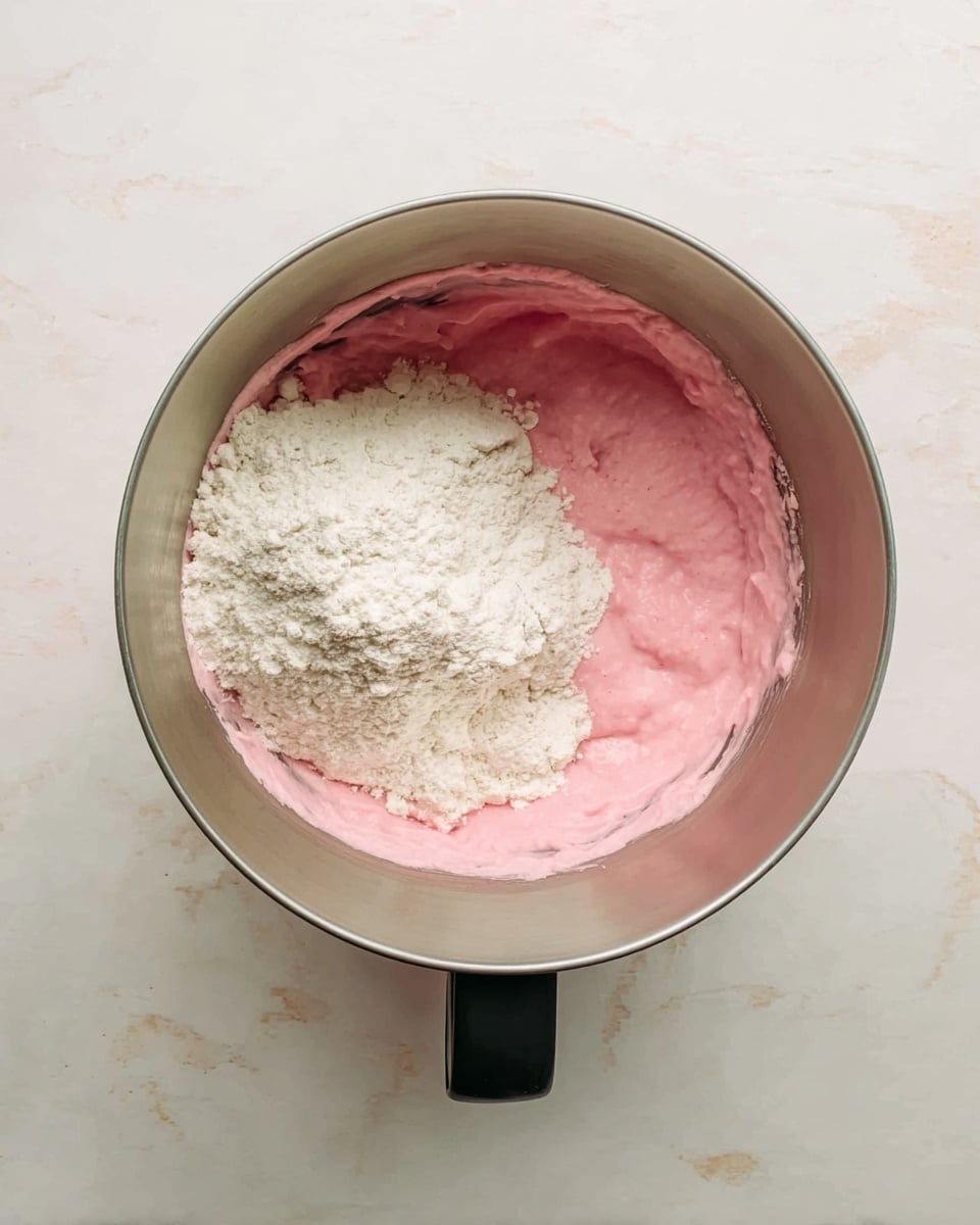 A silver mixing bowl filled with a single layer of soft, pink dough that looks smooth with some rough texture on top, sitting on a white marbled surface. The dough fills most of the bowl and is pushed slightly against the sides, showing small clumps and folds. photo taken with an iphone --ar 4:5 --v 7