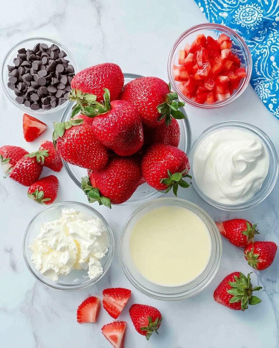 The image shows a clear blender container filled with a layer of light pink creamy smoothie at the bottom, topped with small dark brown chocolate chips scattered around the edges and a generous pile of finely chopped red strawberries with white parts visible, placed mostly in the center. Outside the blender, on a white marbled surface, there is a bunch of whole strawberries in the background and a turquoise cloth partially visible at the bottom right corner. Photo taken with an iphone --ar 4:5 --v 7