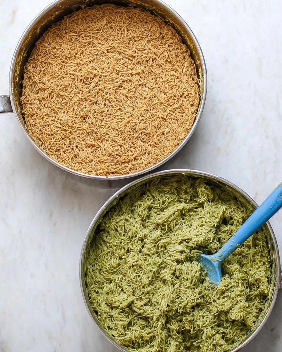 The image shows two round pans on a white marbled surface. The first pan contains a thin, even layer of browned, crispy shredded noodles spread out flat, with a rough but light texture. The second pan holds a thick, uneven layer of green shredded noodles that look moist and soft, with a blue spatula partially covered resting inside the pan. Both pans have a shiny metallic finish. Photo taken with an iphone --ar 4:5 --v 7