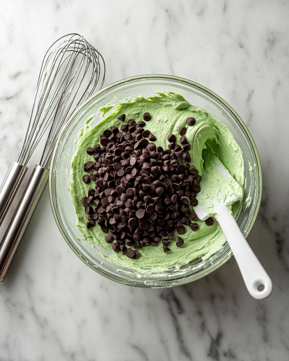 In a clear glass bowl sitting on a white marbled surface, there is a light green creamy mixture with a thick texture as the base layer. On top of this green mix, there is a large pile of small, dark brown chocolate chips spread mostly in the center. A white spatula is partially inserted into the green mixture on the right side of the bowl, with some of the green mixture stuck to it. To the left of the bowl, two silver whisks stand resting on the white marbled surface, each with traces of the same light green mixture on their wires. photo taken with an iphone --ar 4:5 --v 7
