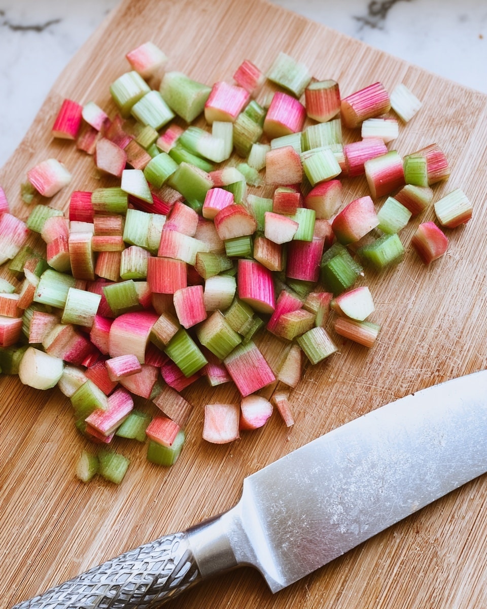 A wooden cutting board covered with many small, chopped pieces of rhubarb showing pink, green, and red colors with a shiny, smooth texture. A large stainless steel knife with a patterned handle lies flat near the bottom right corner of the board. The background behind the cutting board is a white marbled texture. photo taken with an iphone --ar 4:5 --v 7