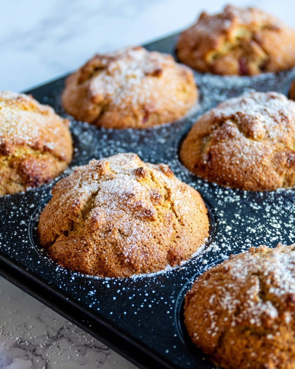The image shows a black muffin tray holding seven golden brown muffins, each with a rough, bumpy top texture and lightly sprinkled with powdered sugar. The muffins have uneven, slightly cracked surfaces with hints of light yellow inside and crisp, darker edges. The tray has small scattered granules of sugar or flour on it, adding to the rustic look. The background is a white marbled texture, highlighting the warm tones of the muffins. photo taken with an iphone --ar 4:5 --v 7