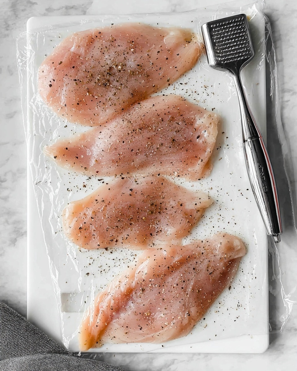 Four thin slices of raw chicken lay flat on a white cutting board covered with clear plastic wrap. Each slice is sprinkled evenly with black pepper and salt. A shiny silver meat tenderizer rests on the top right corner of the cutting board. The board is placed on a white marbled surface, and a small part of a gray cloth is visible on the bottom left corner. The scene looks clean and prepared for cooking. photo taken with an iphone --ar 4:5 --v 7