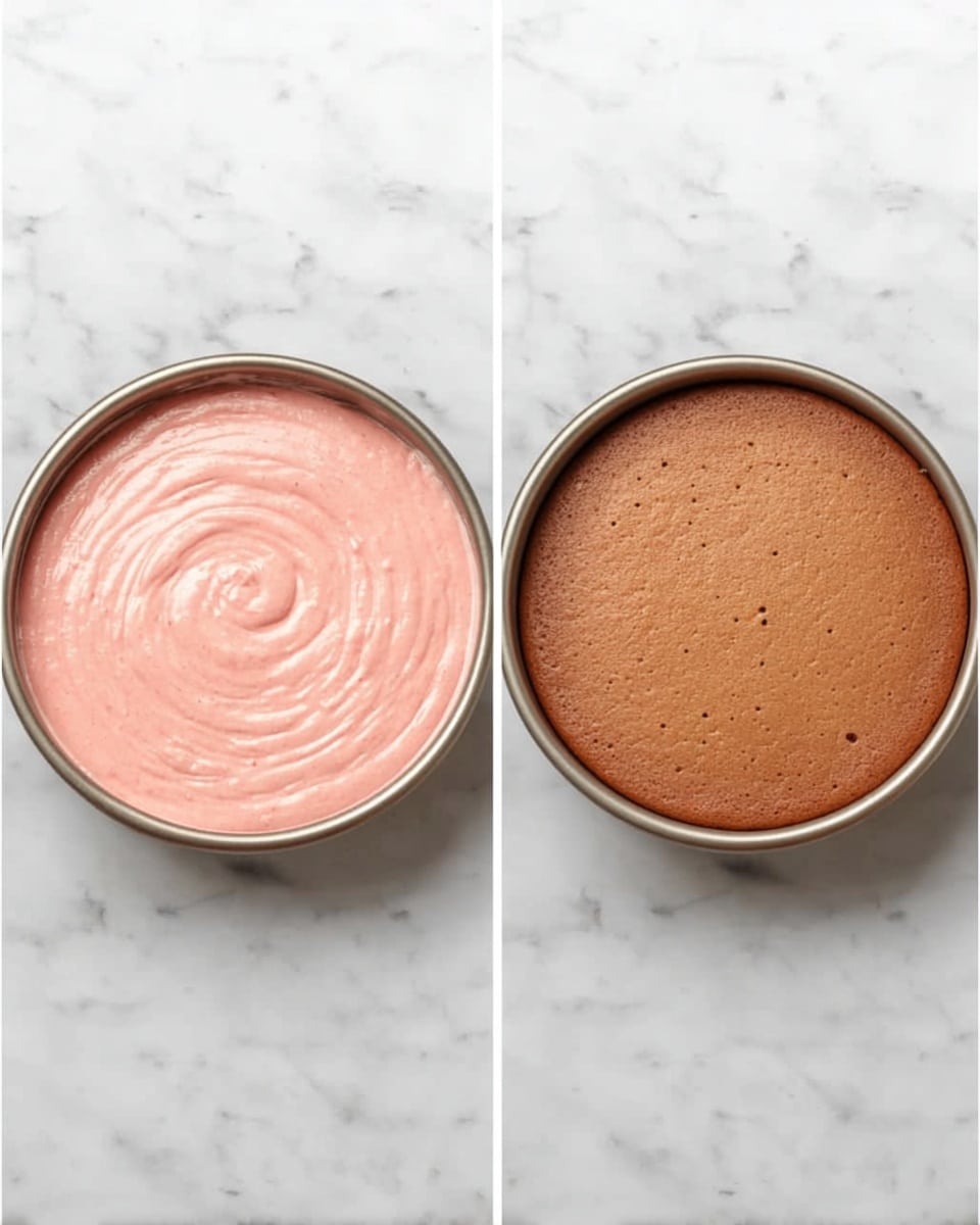 Two round metal cake pans are shown on a white marbled surface. The left pan holds wet pink cake batter with a smooth, swirled texture. The right pan shows the same cake, now baked, with a flat, even brown top and small air holes. The pans are simple and silver, and the white marbled background is clean and bright. photo taken with an iphone --ar 4:5 --v 7
