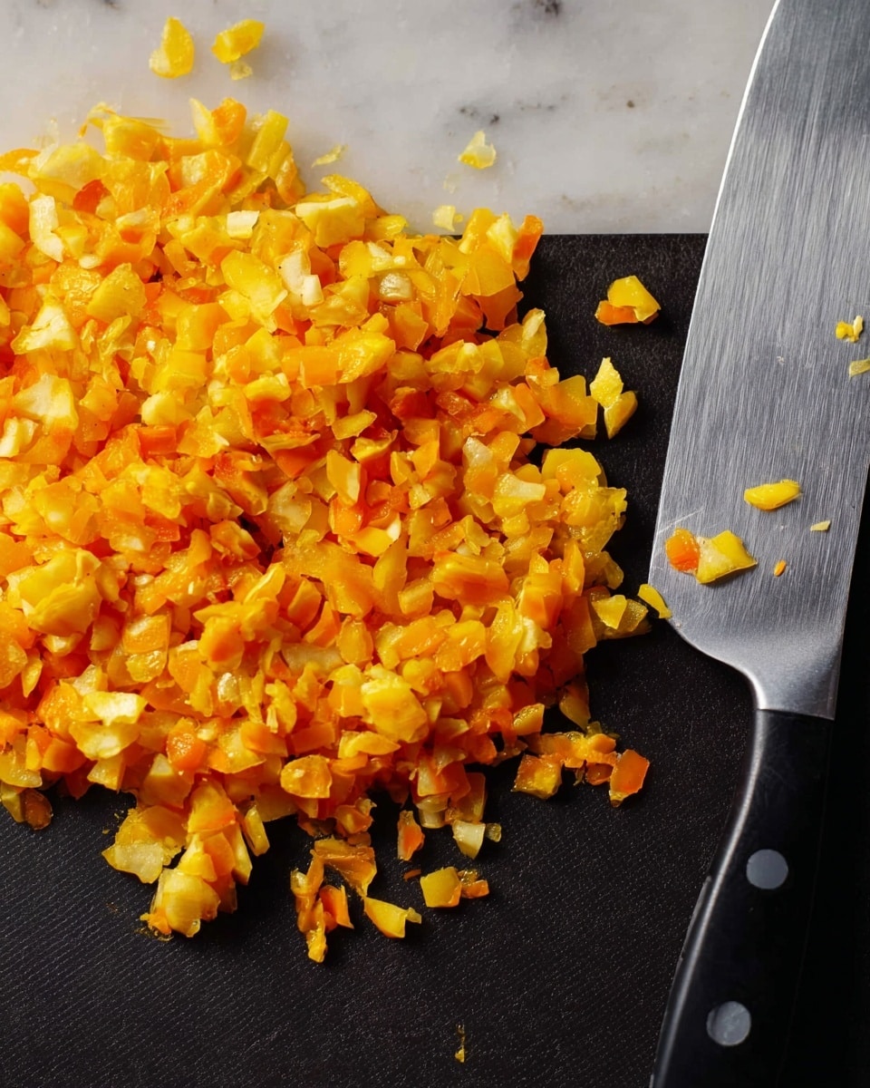 The image shows a pile of small, bright orange and yellow chopped pieces on a dark cutting board. The pieces have a soft and slightly uneven texture, scattered closely together in one group. To the right of the pile, there is a shiny silver knife with a black handle, resting flat on the board and holding a few small pieces on its blade. The background is a white marbled texture. photo taken with an iphone --ar 4:5 --v 7