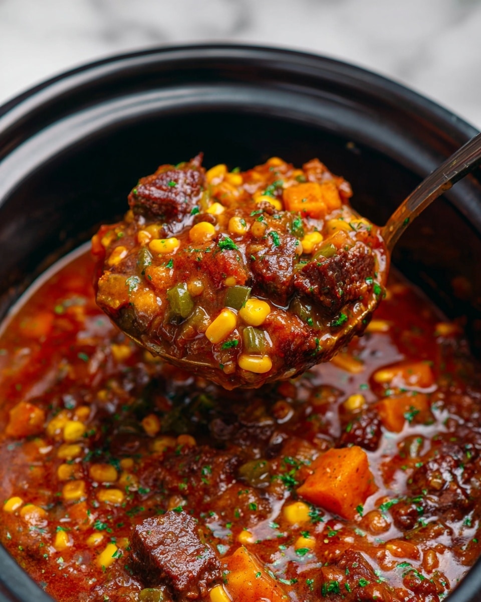 A close-up view of a dark pot filled with a thick stew showing multiple layers: at the bottom, soft orange chunks resembling carrots; above that, pieces of dark brown meat with a slightly charred texture; mixed in are bright yellow corn kernels and light green celery pieces, all coated with a rich, glossy, reddish-brown sauce with visible herbs sprinkled on top; a dark ladle is lifting a spoonful of the stew, showing all the layers piled together with a shiny and moist look; the background is a white marbled texture. photo taken with an iphone --ar 4:5 --v 7