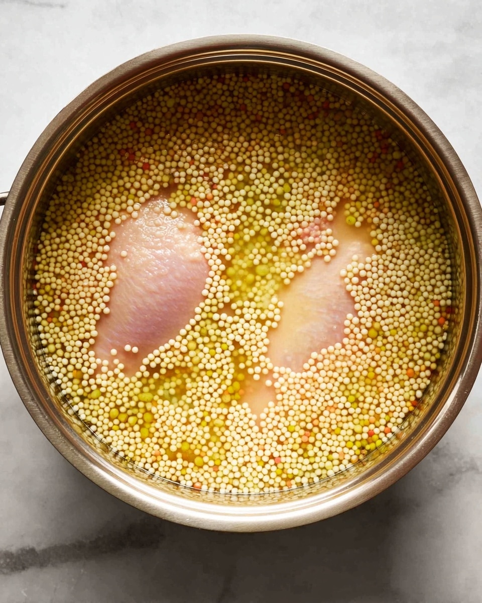 A large round metal bowl is filled with a mixture of small, round yellow and white beads that look like couscous or similar grain. Two pieces of light pink raw chicken lie submerged among the grains. The beads and chicken are covered with a light yellow liquid that possibly is broth or seasoning. The bowl is placed on a white marbled surface. photo taken with an iphone --ar 4:5 --v 7