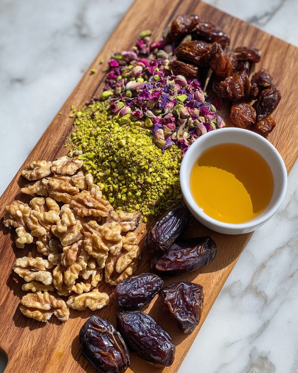 A wooden board placed on a white marbled surface holds several layers of ingredients. At the bottom left, there is a pile of light brown walnuts with a rough texture. Above and extending to the middle, a small mound of green pistachios is sprinkled with some purple flower petals. On the top right, there are dark brown dates arranged in a cluster. At the bottom right, a few more dark brown dates are slightly separated from the main group. To the right side of the board, a small white bowl filled with golden honey is placed. Photo taken with an iphone --ar 4:5 --v 7
