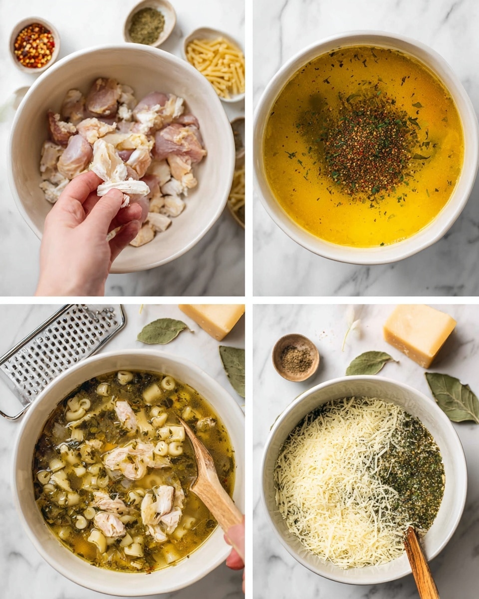 The image shows a collage of four steps for making a dish, each on a white marbled surface. The top-left shows a white bowl with pieces of cooked chicken being held by a woman's hand, with spices and uncooked pasta visible nearby. The top-right shows a white bowl filled with a yellow liquid broth with dried herbs and spices layered on the surface, including green leaves, black pepper, and red flakes. The bottom-left shows a white bowl filled with cooked soup containing chicken pieces, green herbs, and small pasta, along with a wooden spoon stirring it, and a grater and cheese nearby. The bottom-right shows the same white bowl filled with soup now topped with a heap of grated cheese and sprinkled herbs, with a wooden spoon resting inside. Photo taken with an iphone --ar 4:5 --v 7