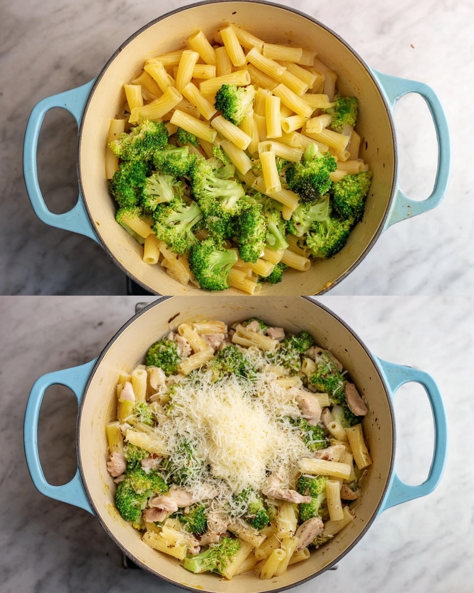 A white bowl holds a creamy pasta dish made of penne pasta, small bright green broccoli florets, and small pieces of cooked light brown chicken with a slight grilled look. The penne is coated in a smooth, light cream sauce and sprinkled with small green herb bits, adding texture and color contrast. The dish is slightly glossy from the sauce, with a mix of soft pasta, tender chicken, and crisp broccoli all mixed evenly. The background is a white marbled surface. photo taken with an iphone --ar 4:5 --v 7