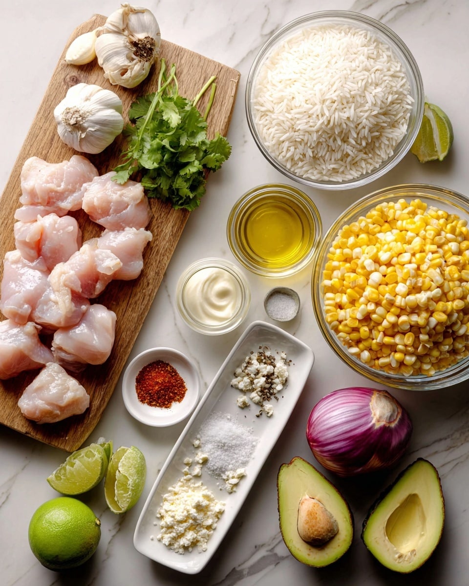 A top-down view of fresh ingredients arranged neatly on a white marbled surface: a wooden cutting board holds pale pink raw chicken pieces next to a small bunch of cilantro and a clove of garlic; nearby, a white bowl is heaped with long-grain white rice; a clear glass bowl is filled with bright yellow corn kernels; an uncut lime and a halved lime sit beside a small glass jar of light yellow oil and a small jar of creamy white sauce; a rectangular white dish holds two piles of red spices and chunks of crumbled white cheese; small round white bowls contain more crumbled cheese, salt with black pepper, and additional light brown spices; half a red onion and two halves of a green avocado with seed are also visible. photo taken with an iphone --ar 4:5 --v 7